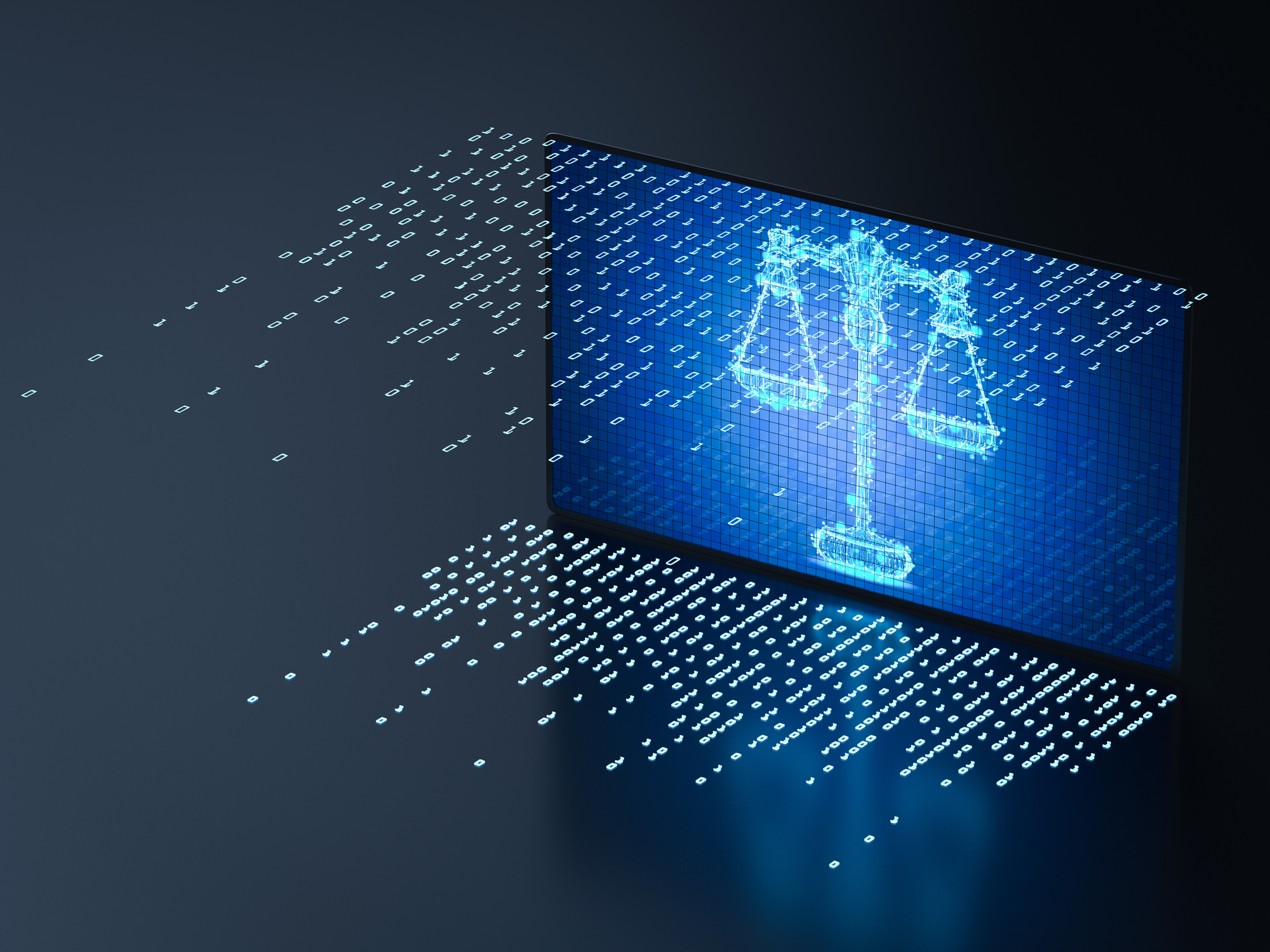 Privacy law image with computer and scales of justice
