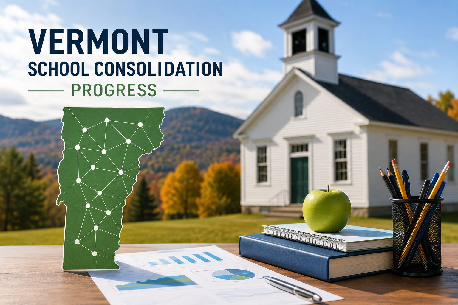 Schoolhouse in VT with progress report and state map